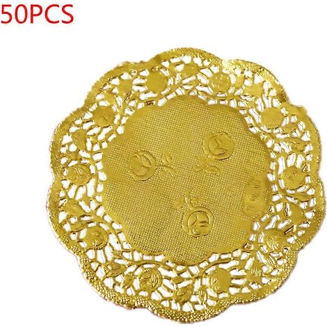Lot de 50 napperons ronds en dentelle ajourée à motif floral en relief de 8,9 cm (3,5 pouces) pour mariage, fête, décoration de table et loisirs créatifs (couleur or métallisé). (1/5)