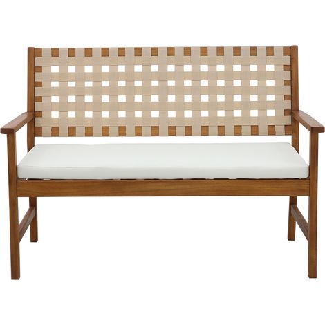 Gartenbank aus Massivholz 2-Sitzer mit weißem Kissen und Riemen L114 cm SANTANA