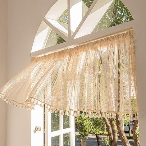 Mezza tenda a righe in stile bohémien country house con nappe, tenda corta in pizzo intrecciato bohémien, tenda in lino naturale per finestre piccole, camera da letto, soggiorno (148 x 46 cm) (1/5)