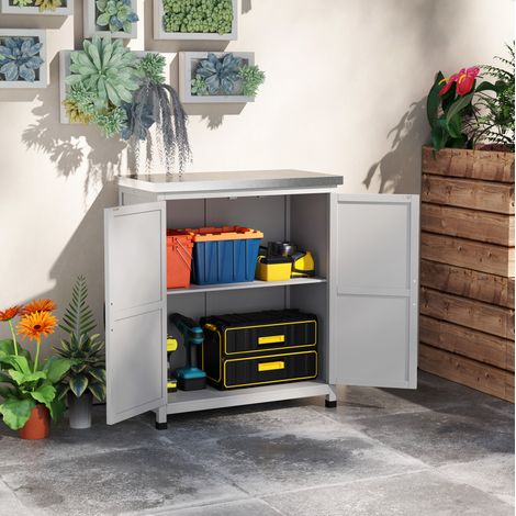 Meuble de jardin avec plan de travail, double porte et étagère, 79 x 43 x 92 cm, gris HAVRYA (1/5)