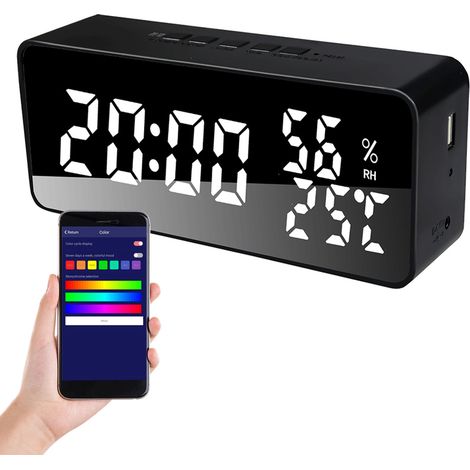 Sveglia intelligente con 5 allarmi LED, display a specchio, funzione snooze, timer, visualizzazione di data/temperatura/umidità, luminosità automatica e volume regolabile per ufficio, camera da letto, (1/2)