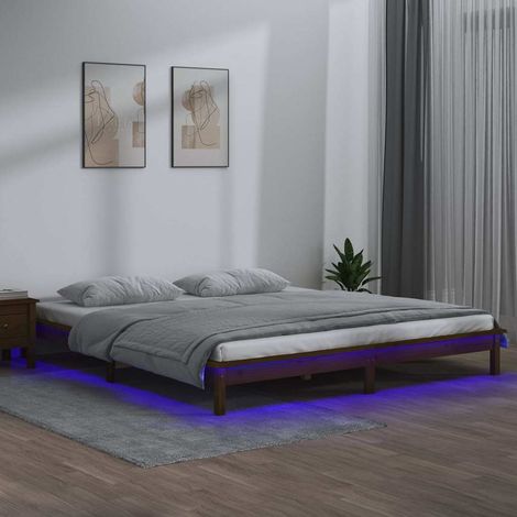 Lit simple pour adulte Cadre de lit - LED Marron miel 120x190cm Petit Double Bois massif BV592242 - BonneVie (1/5)