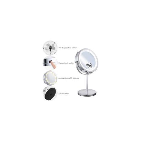 Miroir grossissant lumineux 10x double face – Rotation 360° – Verre optique haute qualité – Pour maquillage et soins du visage (1/5)