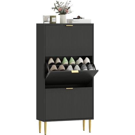 Meuble à chaussures 18 paires avec 3 tiroirs rabattables, portes cannelées et étagères réglables, 60x24x122,5cm, noir (1/5)