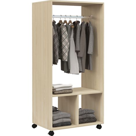 Armoire à roulettes avec penderie et étagères pour vêtements suspendus et pliés, 60 x 40 x 128 cm, couleur naturelle. produit de haute qualité,  durable et pratique.