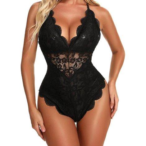 Femmes Sexy Snap Crotch Body One Piece Dentelle Babydoll Lingerie Teddy (1/5)