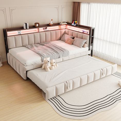 Lit banquette - 90x200 cm - éclairage led - usb et usb-c - sommier à lattes - velours - lit gigogne - gain de place - beige (1/5)