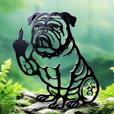 Decoración de jardín de metal divertida, bulldog francés, silueta de perro negro, estacas decorativas para jardín, estatuas de perro de metal, letrero de bienvenida para patio, césped, pasarela, etc. (1/5)