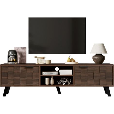 Meuble TV moderne 160,5 cm, bois foncé, 2 portes et 2 niches ouvertes