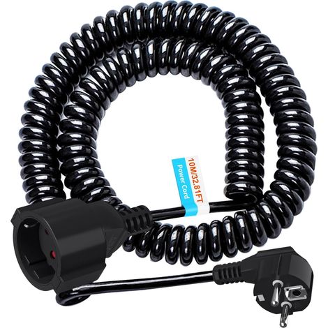 Rallonge de 10 m, contact de protection, extensible, jusqu'à 10 m maximum, IP20 (230 V/16 A), câble spiralé 3 x 1,0 mm², avec fiche et raccord, noir (1/5)