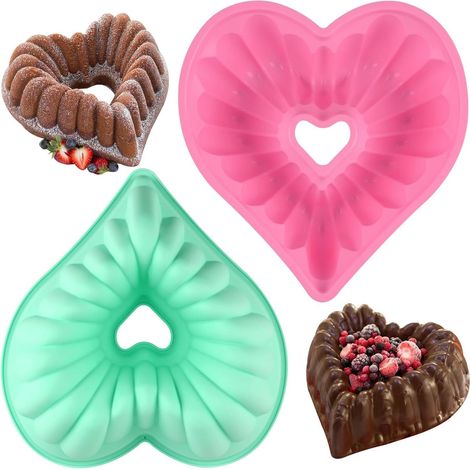 2 moules kouglof silicone 23,5 cm, coeur, cake et savarin pour gâteaux, gelée, baba, Saint-Valentin, mariage (rose et vert) (1/5)