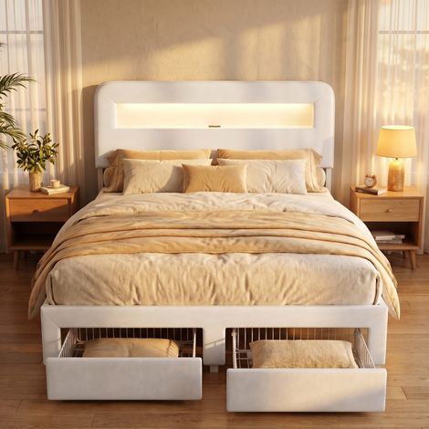 Schubladenbett 140 x 200 cm, Samtstoff in Cremeweiß, verstellbares LED-Licht, Kopfteil-Stauraum, USB-Anschluss und Steckdosen, 2 große Stauraumschubladen