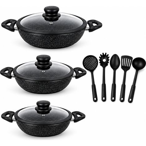 Set 11PZ Padelle A Tegame Induzione Pietra Antiaderenti 24/28/32 cm con Coperchi e 5 mestoli Nero (1/3)