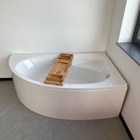 ECOLAM Baignoire de coin Carmen 170x100 cm version droite + tablier en acrylique Planche en bambou + siphon silicone (1/5)