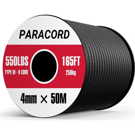 Paracorde 4mm 50M - Paracorde 550 Type III 9 Brins, Corde et Fil 100% Polyester, pour Camping/Survie/Laisse de Chien/Collier/Bracelet, Max. 250 kg/550 lbs (Noir) (1/5)