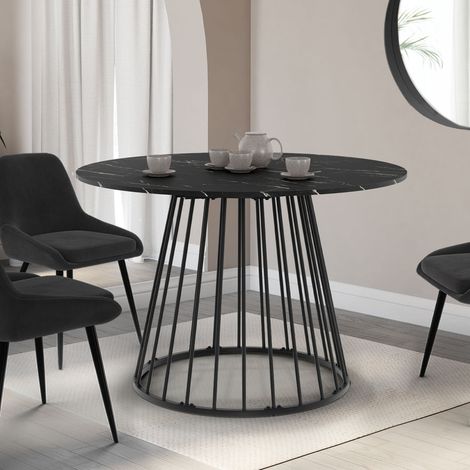 YUNA mesa de comedor redonda 4-6 personas ALASKA tapa efecto mármol negro y pata de alambre de metal negro 110 cm