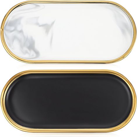 Lot de 2 plateaux de salle de bain à motif marbré avec bords en D - Petit nizer ovale gris et noir pour parfum bougie et accessoires de salle de bain'-'- (1/5)