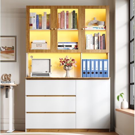 Vitrine haute LED 120 x 200 cm avec plan de travail, MDF blanc et chêne, REDOM (1/5)