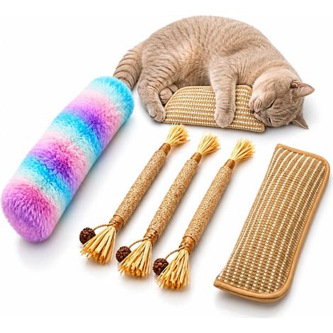 Chatterie DL Lot de 5 Jouets pour Chat – Coussin Grattoir à l’Herbe à Chat Naturelle, Sisal Naturel & Peluche Froissante – Jouets d’Intérieur à Mâcher, Griffer et Kicker Anti-Ennui, Nettoyage Dents