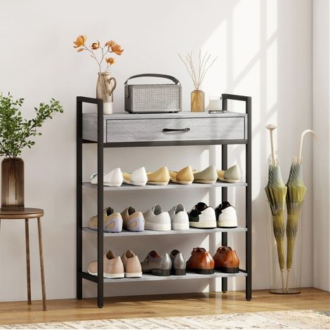 Scaffale portascarpe in metallo grigio con 3 ripiani, 1 cassetto e piano superiore 70 x 30 x 87,6 cm (1/5)