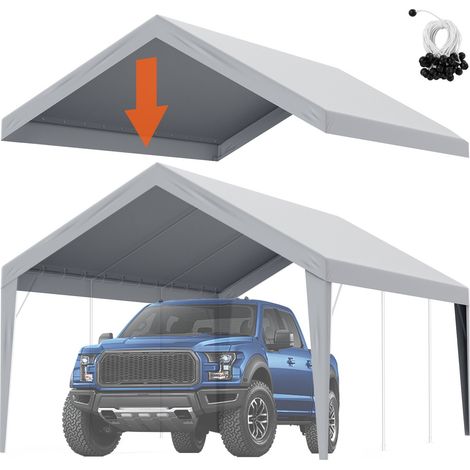 Toile d'auvent de rechange abri de voiture, 6,1 x 3,7 m, bâche de tente de garage, imperméable protégée contre UV, élastiques à billes, gris (couverture supérieure uniquement, cadre non inclus) (1/5)
