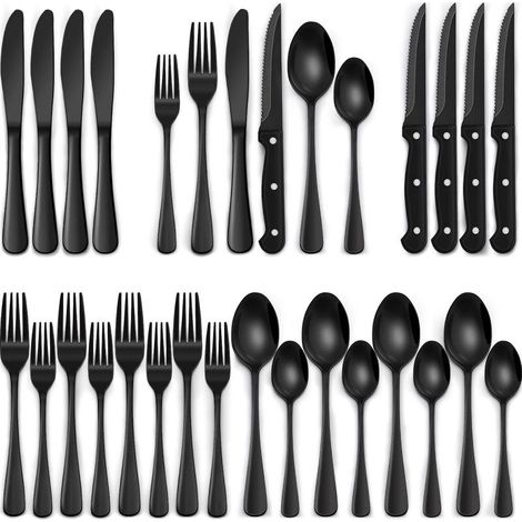 Ensemble de 24 couteaux à steak noirs pour 4 personnes, en acier inoxydable de qualité alimentaire, finition miroir, noir. (1/5)