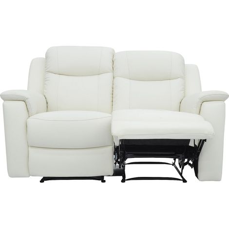 Vente-Unique – Canapé relax 3+2 places en cuir de vachette blanc ivoire – Assises relax manuelles – Plateau bar intégré – Structure en bois massif (1/4)