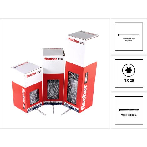 Nom Fischer 500x Power-Fast II FPF II CTP 5 x 40 mm BC Tête fraisée avec empreinte étoile TX20 Filetage partiel galvanisé bleu passivé - 670373