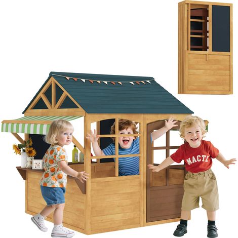 Maisonnette pour enfants de 3 à 8 ans avec 5 fenêtres et 2 tableaux noirs, en bois de sapin, 173 x 117 x 144 cm, marron et bleu (1/5)