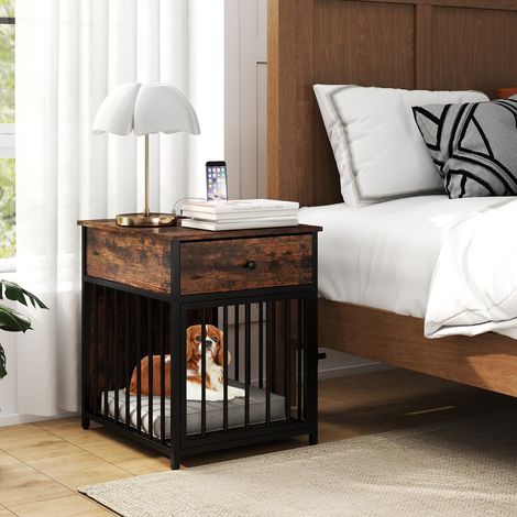 Cage pour Chien Niche en Bois avec Station de Charge Tiroir de Rangement Tubes Métalliques Cage d'Intérieur pour Animaux de Compagnie Café (1/2)