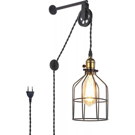 Barcelona Led – Suspension cage Clockwell E27 avec prise Schuko – Interrupteur intégré – Hauteur réglable – Noir – Design industriel (1/6)