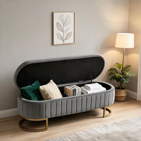 Banc de rangement en velours gris clair avec pieds métalliques (1/5)