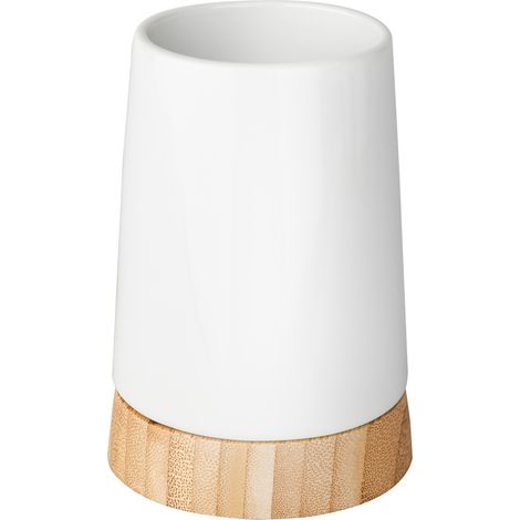 WENKO Zahnputzbecher Bamboo Keramik, weiße Keramik, kombiniert mit Bambus, Weiß, Keramik weiß, Bambus (1/5)