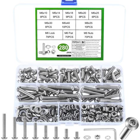 280 Pièces Set de Vis M6, Vis et écrous, Vis Boulons et écrous, Vis à Tête Cylindrique à Six Pans Creux, Vis Boulon et écrous et Rondelles Kit, Vis à Tête Cylindrique à Tête Ronde avec écrous (1/5)