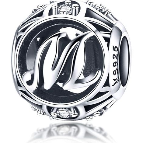 Pendentif Femme Charme Lettre de l'Alphabet AZ Initiale en Argent Sterling 925 Perles Correspondantes (Lettre M), (1/5)