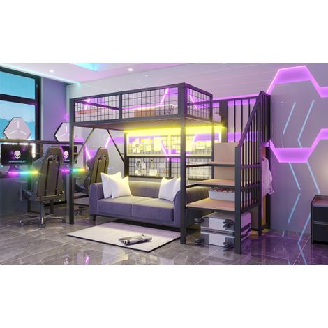 Lit mezzanine en métal, idéal pour enfants et adolescents. Ce lit mezzanine polyvalent est équipé de bandes lumineuses LED contrôlables par application, d'un escalier avec rangements et d'une penderie (1/5)