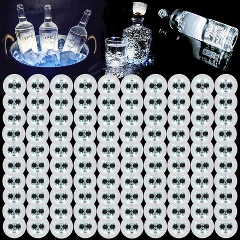 Dessous de verre LED, lot de 100, lumières lumineuses pour boissons, lumières pour bouteilles d'alcool, décoration de club et de fête, blanc. (1/5)