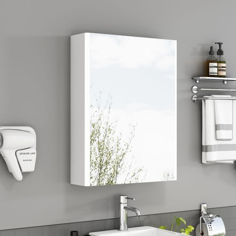 Armoire de toilette 50cm murale, armoire de salle de bain à 1 porte blanche, préassemblée sans effort de montage, luminaires LED en éventail des deux côtés de la porte, avec prise française (1/5)