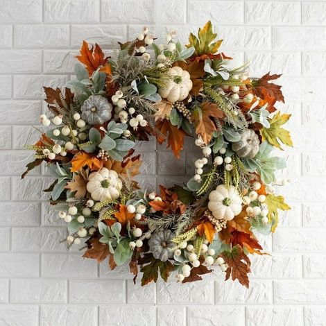 Couronne Automne - Couronne Récolte Pour Porte D'Entrée - Pommes De Pin Citrouilles Feuilles D'Érable - 45 cm - Décoration Intérieure Et Extérieure
