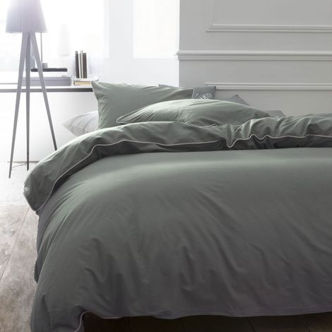 Parure de lit 3 pièces 260x240 cm percale sauge et piping beige
