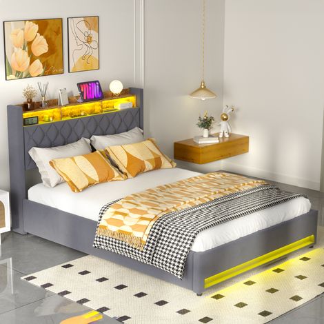 Lit adulte avec rangement 160x200 cm – Lit coffre avec éclairage LED et prises USB – velours gris – Sans matelas (1/5)