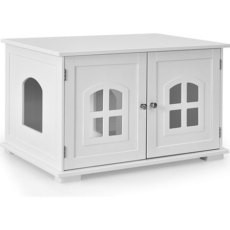 Meuble cache-litière blanc pour chat en MDF avec cloison, porte latérale et fenêtres d aération (1/5)