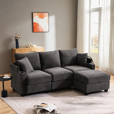 Canapé d'angle en velours côtelé gris foncé avec repose-pieds (1/5)