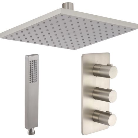 Milano Hunston - Modern 2 Outlet Triple Thermostatic Mixer Shower Valve with 200mm Wall Mounted Square Rainfall Shower Head and Hand Shower Handset Kit – Brushed Nickel (1/5)
