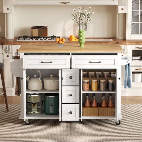 Carro de cocina 140/40(65)/89 cm en blanco/natural con encimera abatible y almacenaje (1/5)