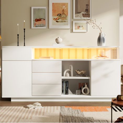 Credenza bianca 160x40x75 cm con illuminazione a LED, 4 cassetti, 2 ante e ripiani regolabili, struttura in MDF e acrilico. (1/5)