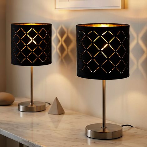 2er Set Nacht Tisch Lampen Schlaf Zimmer Lese Leuchten schwarz gold im Set inkl. LED Leuchtmittel (1/5)