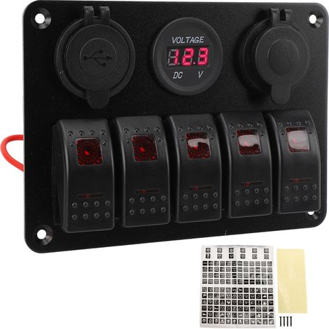 Ortviai Tableau de commande à bascule 5 voies en aluminium IP65 avec voltmètre LED et double prise USB/prise allume-cigare rouge (1/5)