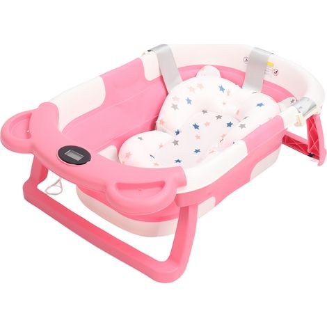 Baignoire bébé pliable avec capteur de température intelligent en temps réel, double pliage, portable et tapis de bain rose (1/5)