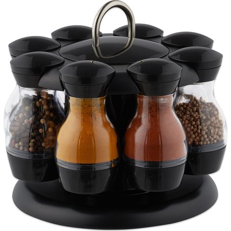 Relaxdays – Carrousel à épices rotatif 360° – 8 pots en plastique – Dimensions H17xD19 cm – Couleur noir/transparent – Accès facile aux épices (1/5)